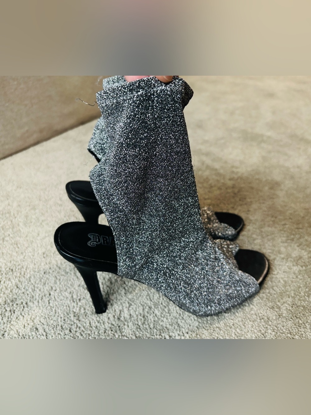 Silver Glitter Peep Toe Sock Booties